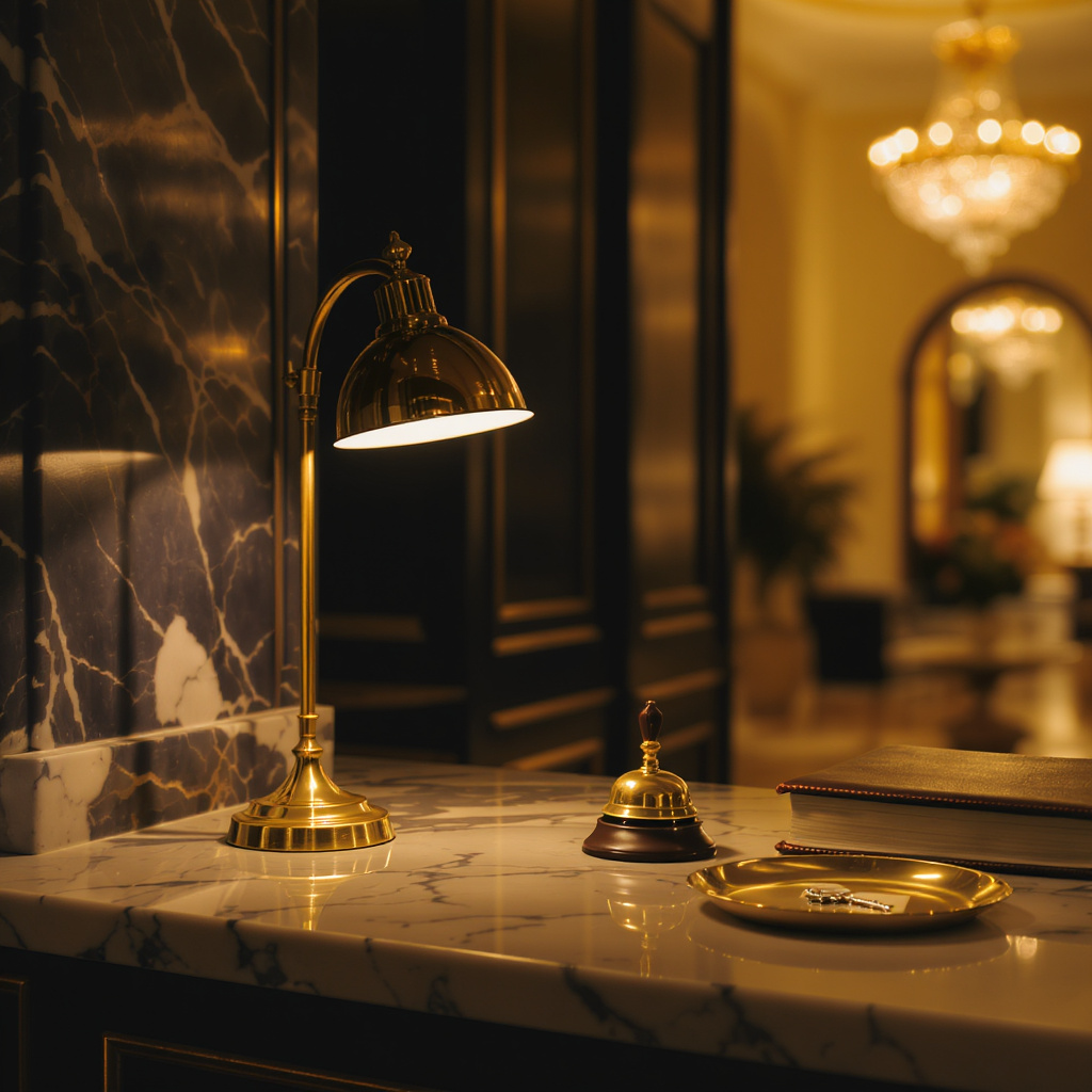 Polished brass lamp and marble concierge desk at golden hour