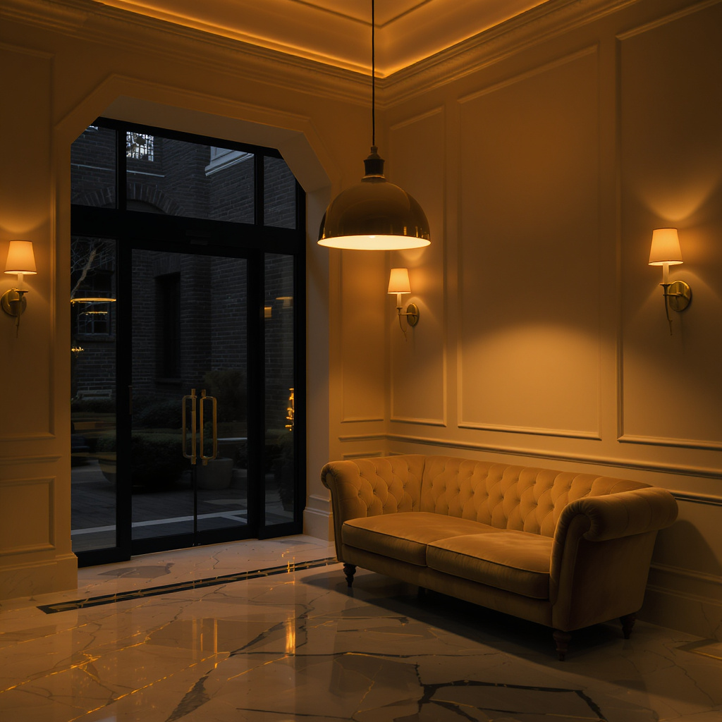 Warm-lit boutique hotel lobby at dusk with a velvet settee under a brass pendant